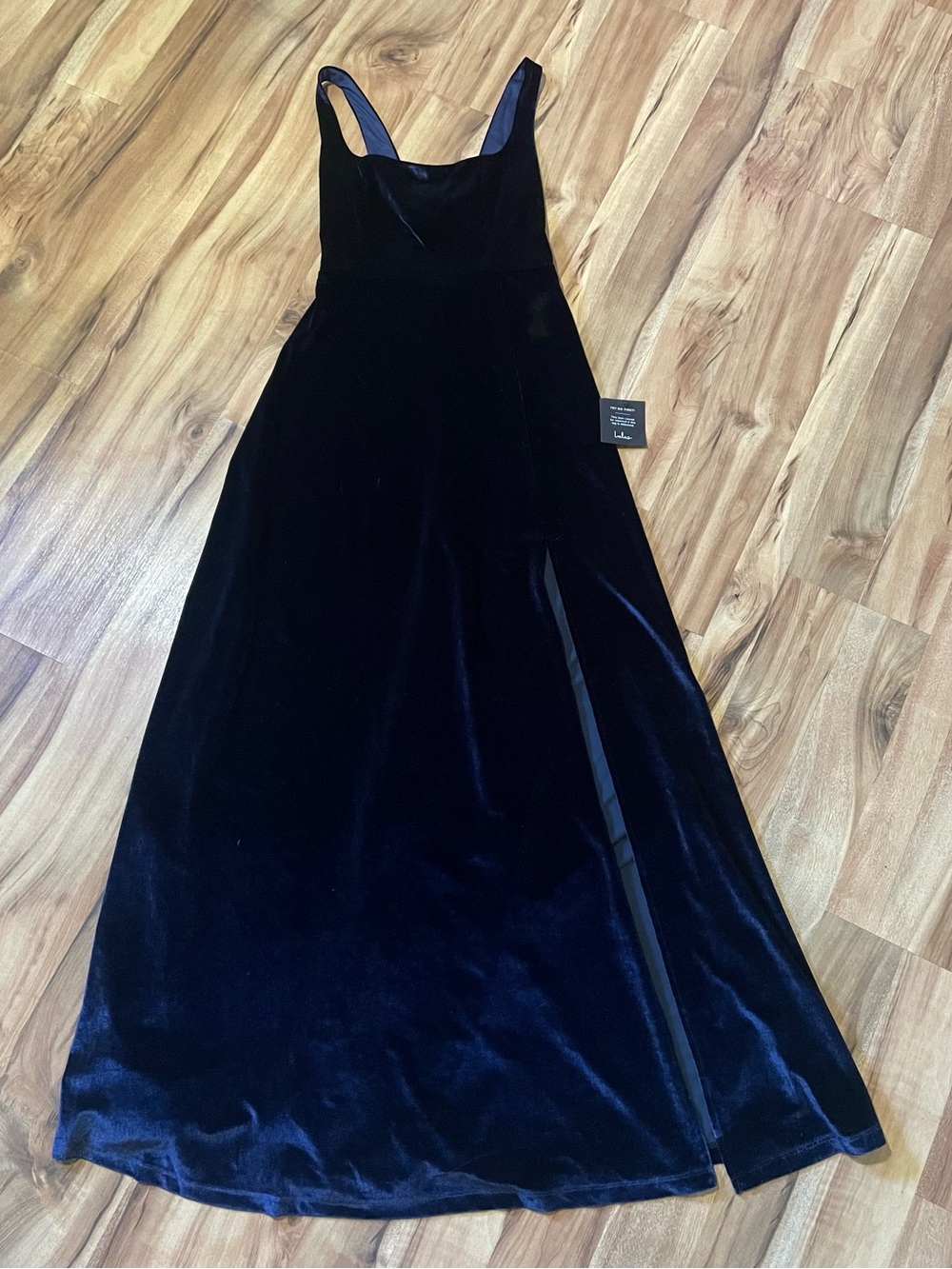 NWT Graceful Invite Navy Blue Velvet Square Neck Lace-Up Maxi Dress L